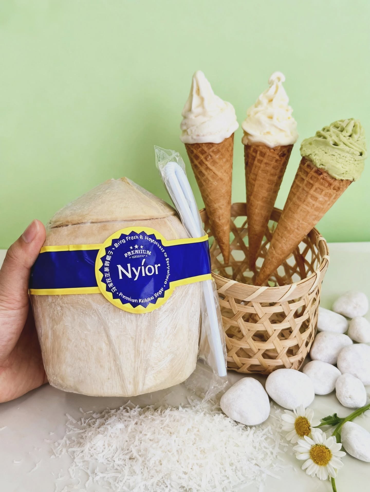 Nyior premium whole coconut with seal and straws, served with coconut ice cream